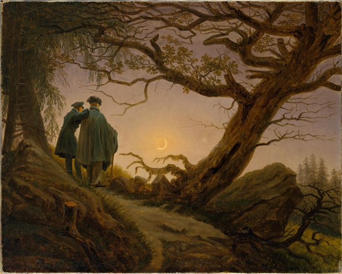 Caspar David Friedrich, Two Men Contemplating the Moon, Oil on Canvas, 13.7" x 17.2", (c. 1825–1830)