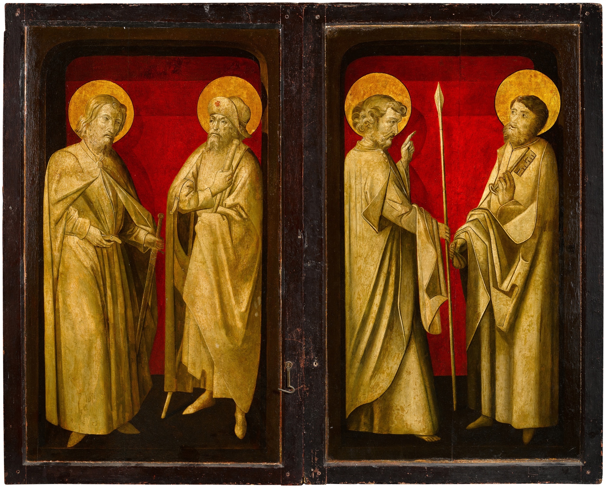 Artwork by Master of the View of Sainte Gudule, The Master of the Sherborne Almshouse, A triptych with the five miracles of Christ, Made of oil and gold on panel, partial monochrome