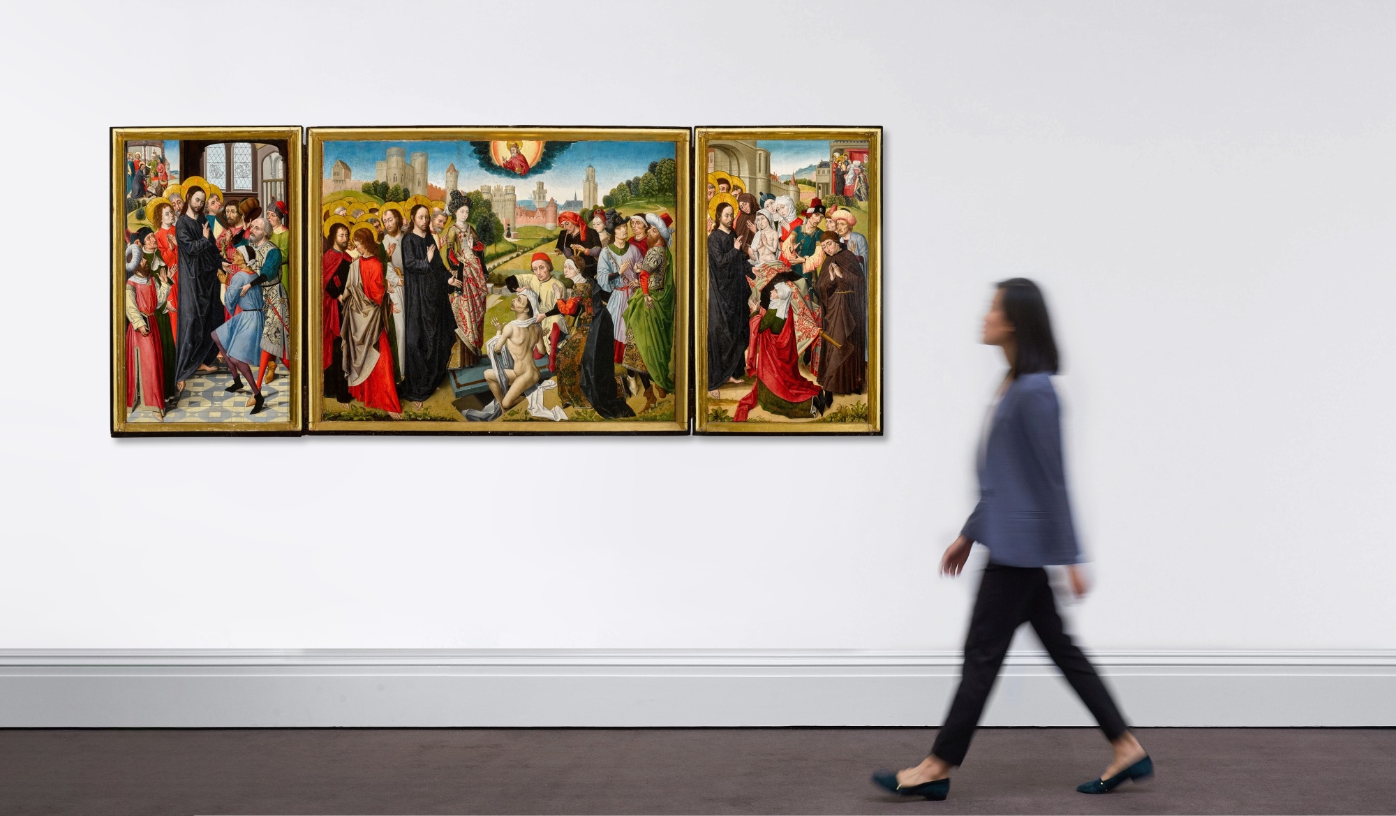 Artwork by Master of the View of Sainte Gudule, The Master of the Sherborne Almshouse, A triptych with the five miracles of Christ, Made of oil and gold on panel, partial monochrome