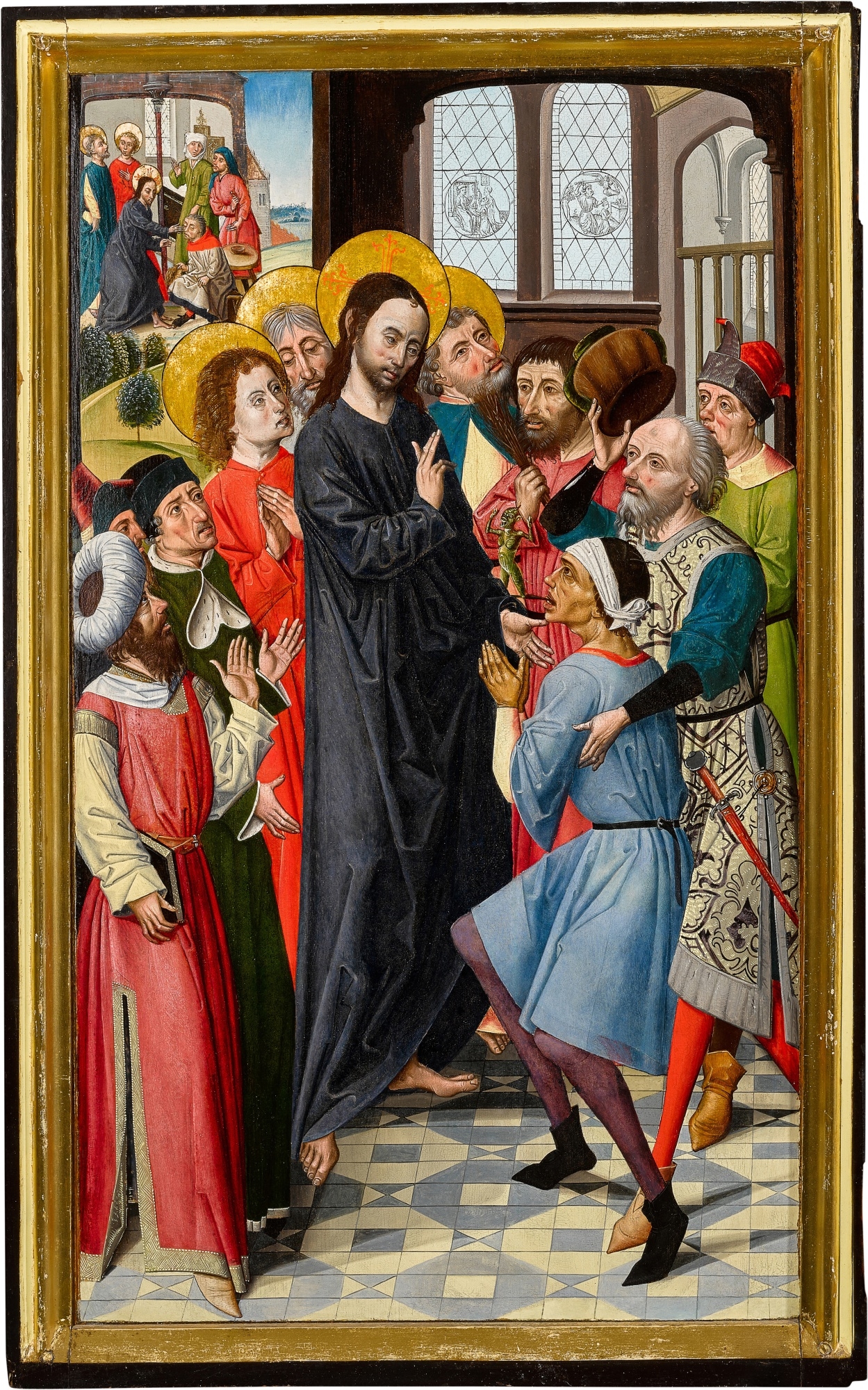 Artwork by Master of the View of Sainte Gudule, The Master of the Sherborne Almshouse, A triptych with the five miracles of Christ, Made of oil and gold on panel, partial monochrome