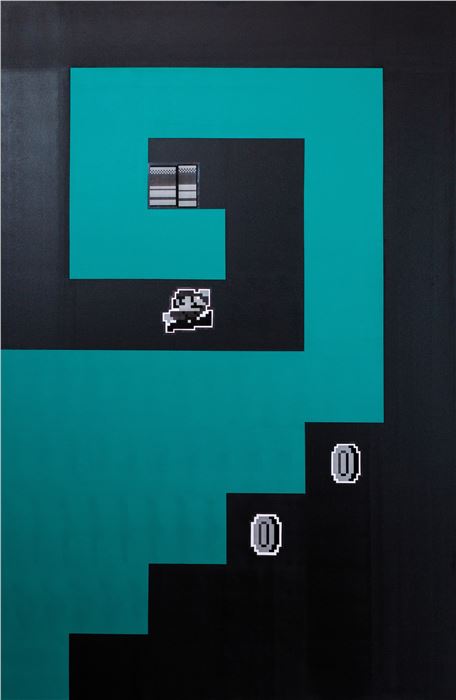 Hüicho! Mix-tendo, Acrylic paint and laminated paper on canvas, 48" x 72"